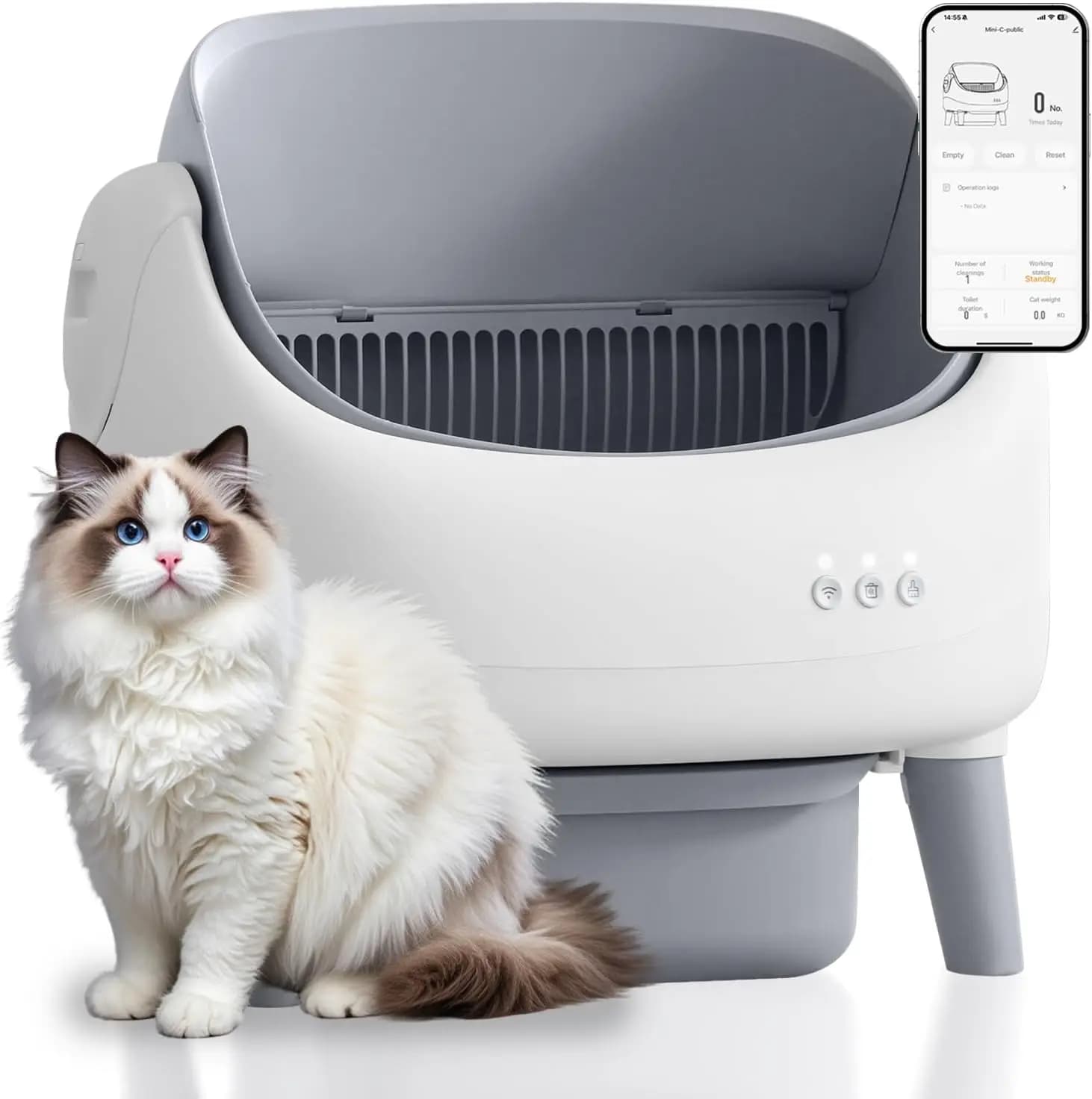 Lettiera per Gatti Autopulente con Tetto Aperto, Automatica, Controllo tramite APP, Sensori di Sicurezza, Include Sacchetti per Rifiuti, Grigia