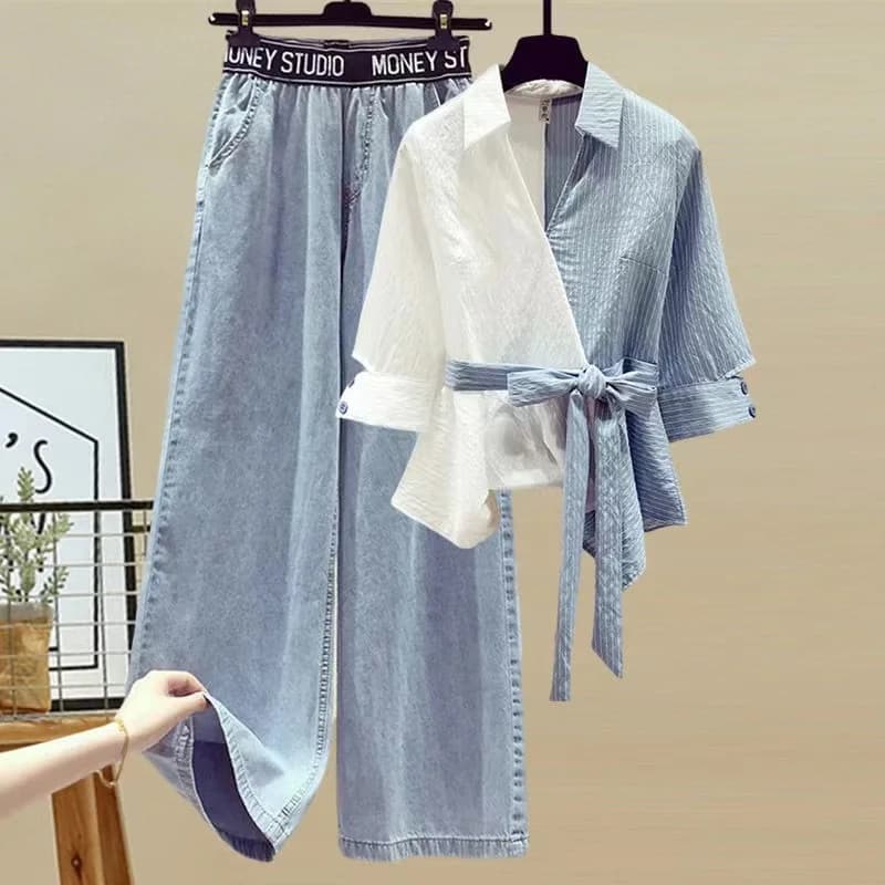 Completo due pezzi da donna con camicia effetto due pezzi e jeans slimming, nuovo completo casual alla moda con risvolto e lacci per la primavera 2026