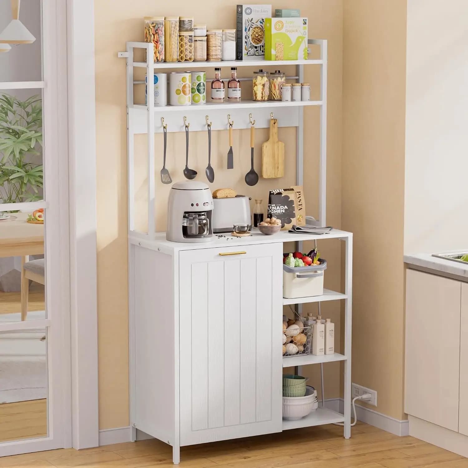 Bakers Rack with Trash Can Storage Bin Cabinet and Power Outlet