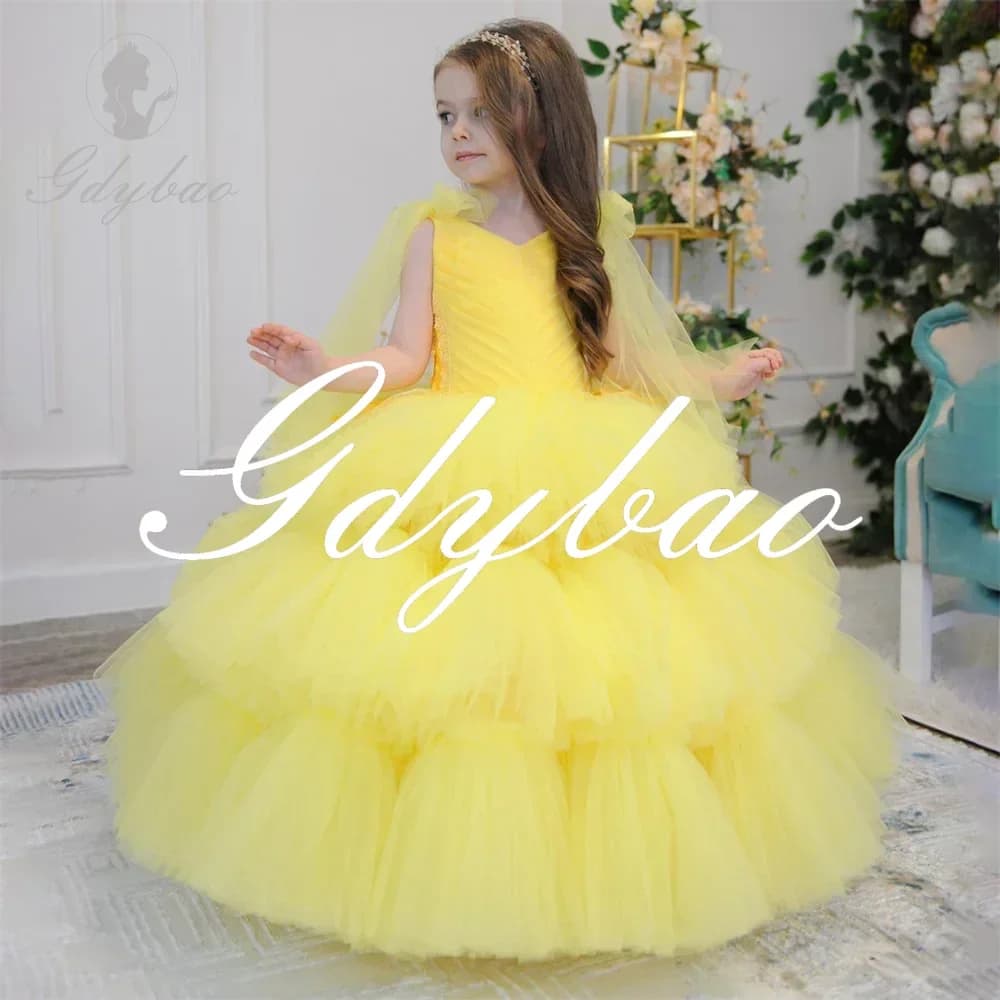 Princess Bow senza maniche piega A Line Formal Wedding Party Flower Girl Dress lunghezza del pavimento abito lungo da prima comunione nuovo 2024