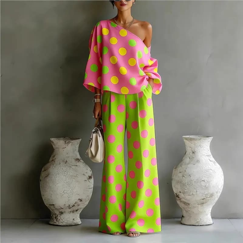 Women's Polka Dot 2 Piece Outfit One Shoulder Blouse And Wide Leg Pants Set Casual Loose Summer Party Tracksuit Elegant New 2026