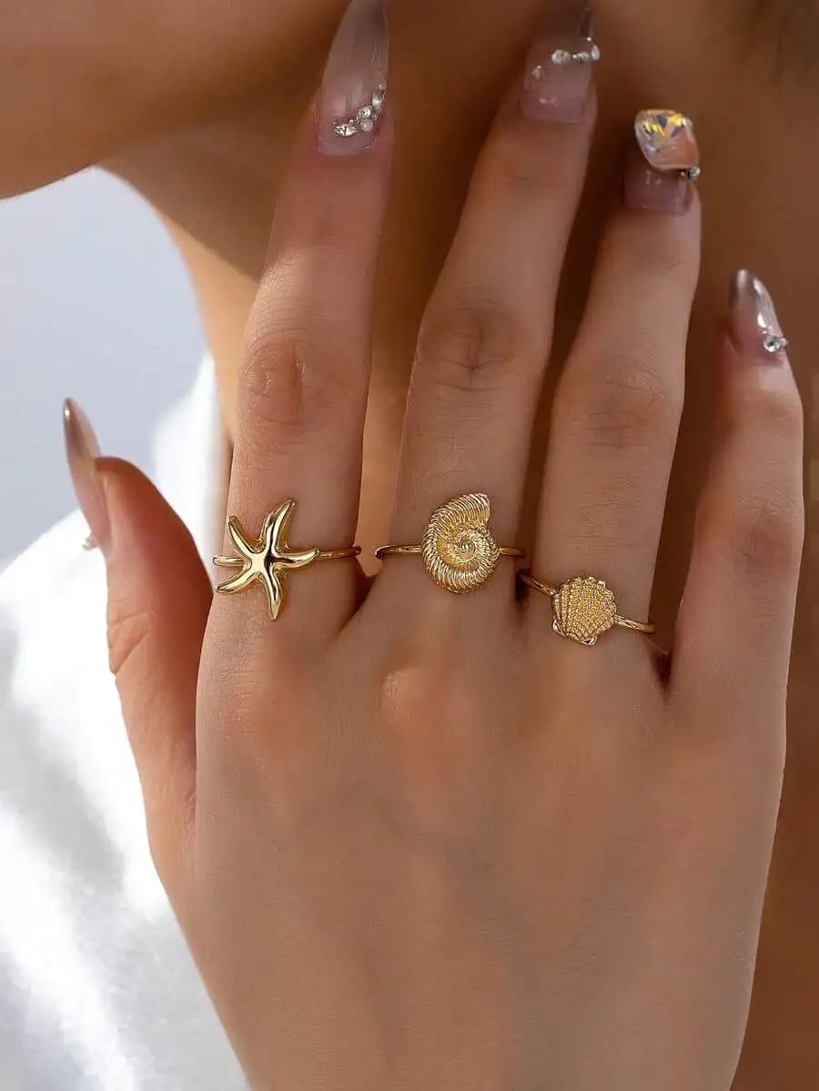 3Pcs/Set Summer Beach Rings Set Starfish Shell Scallop Rings Women Jewelry Accessories for Vacation Travel Gift