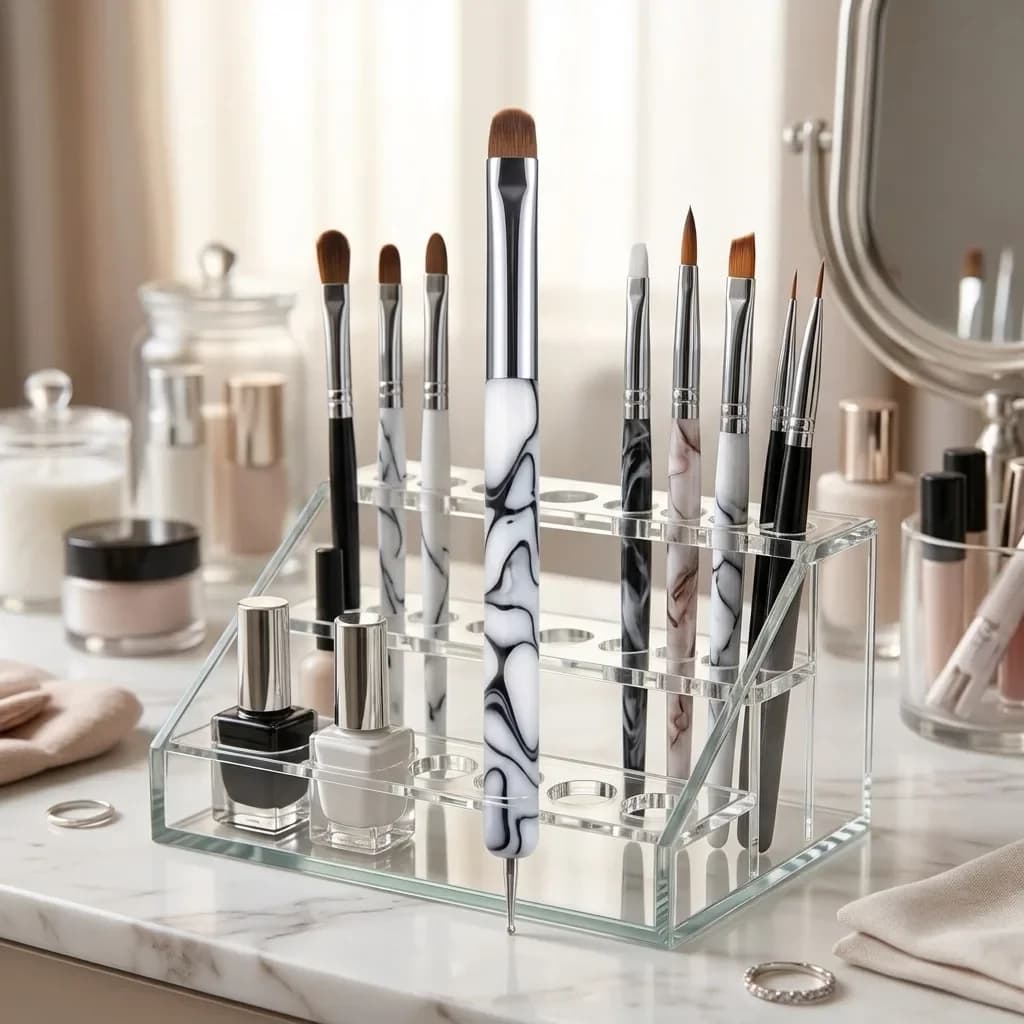 Black White Marble Handle Double End Nail Gel Brush Dotting Tool Semi Round French Manicure Brush Nail Edge Clean Shaping Painting Nail Art Accessory