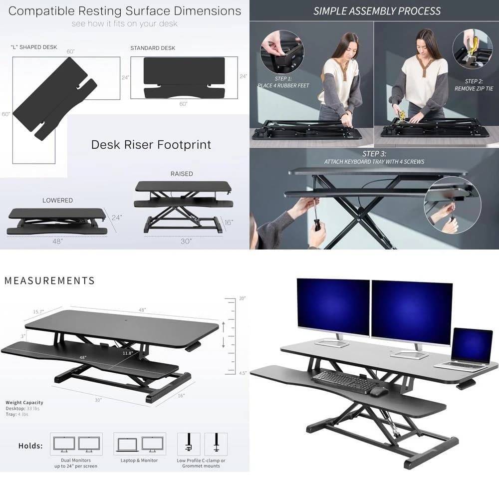 Supporto per Scrivania Regolabile da 48 Pollici, Supporto per Doppio Monitor e Laptop con Ampio Vassoio per Tastiera, Nero