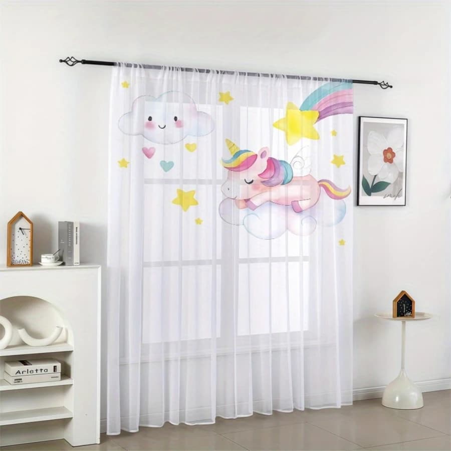 2PCS Digital Print Sheer Curtain, Unicorn Among Clouds Rainbow Pattern, Magical Fantasy Fairy Tale Princess Girls Room Decor