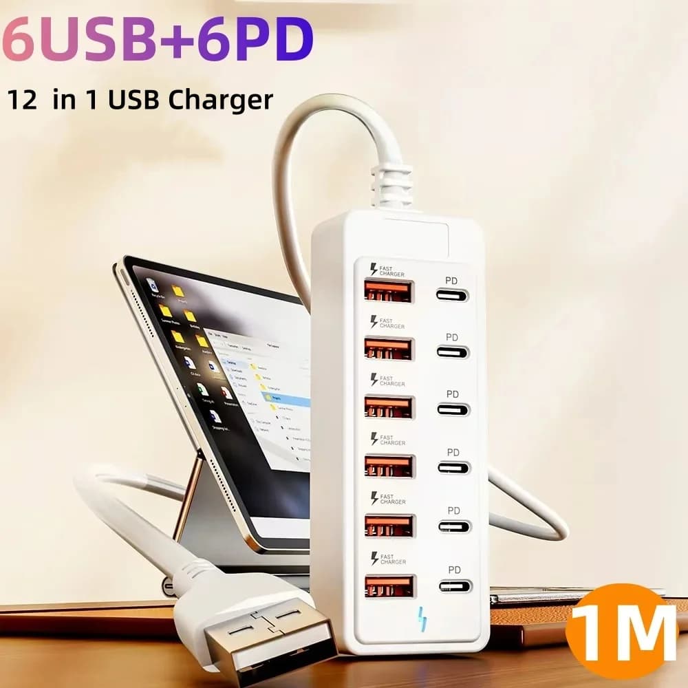 Multipresa USB 12-in-1 con 6 USB + 6 PD, Stazione di Ricarica Rapida da Scrivania con Cavo USB da 1m per Casa e Ufficio