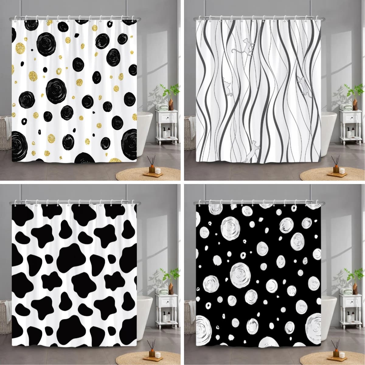 Black White Abstract Line Dot Cow Print Waterproof Fabric Shower Curtain For Bathroom Decor