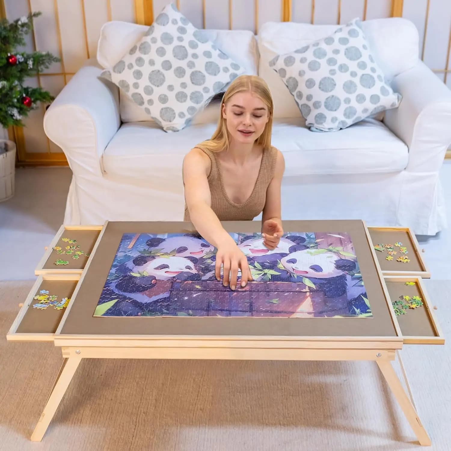 Tavolo Portatile per Puzzle in Legno da 1000 Pezzi con Gambe, 4 Cassetti e Copertura per Adulti