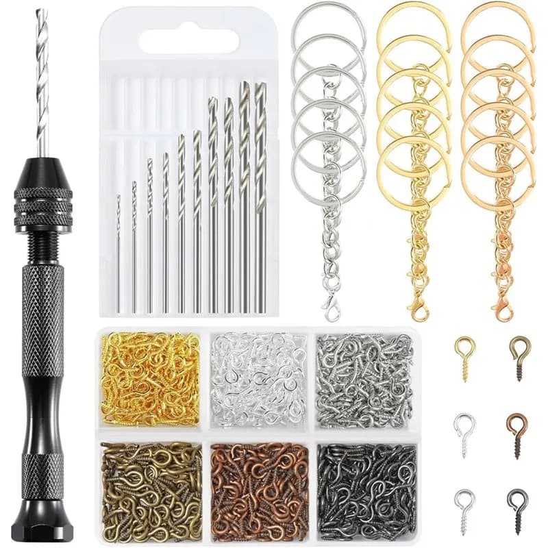 Set di trapani manuali B17B per resina epossidica, kit per la creazione di gioielli con 10 punte da trapano, 600 viti a occhiello, 15 anelli portachiavi
