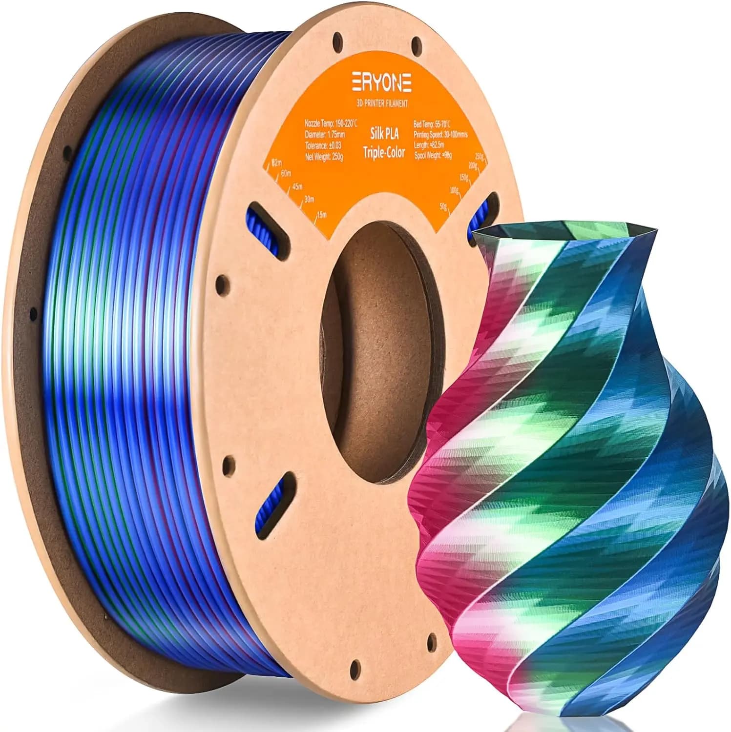 Filament PLA Tricolor in Silk 1.75mm, Multicolor Material for 3D Printer Red Blue Green 250g Carton Bobbin