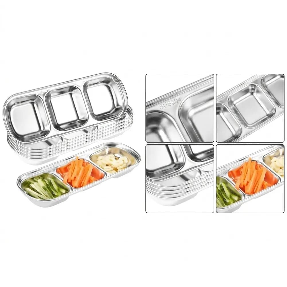 Stainless Steel Multi Purpose Three Compartment Bowl Set for Sauces Spices and Side Accompaniments Used in Korean BBQ and Dining