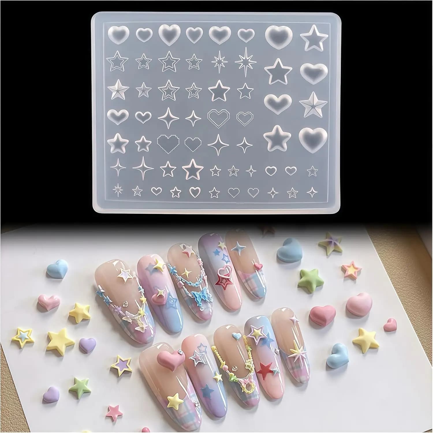 Dopamine Star Silicone Molds for Nail Art cute 3D Starburst & Heart-Shaped Designs,Reusable for nail Decor Tools for Epoxy Resin