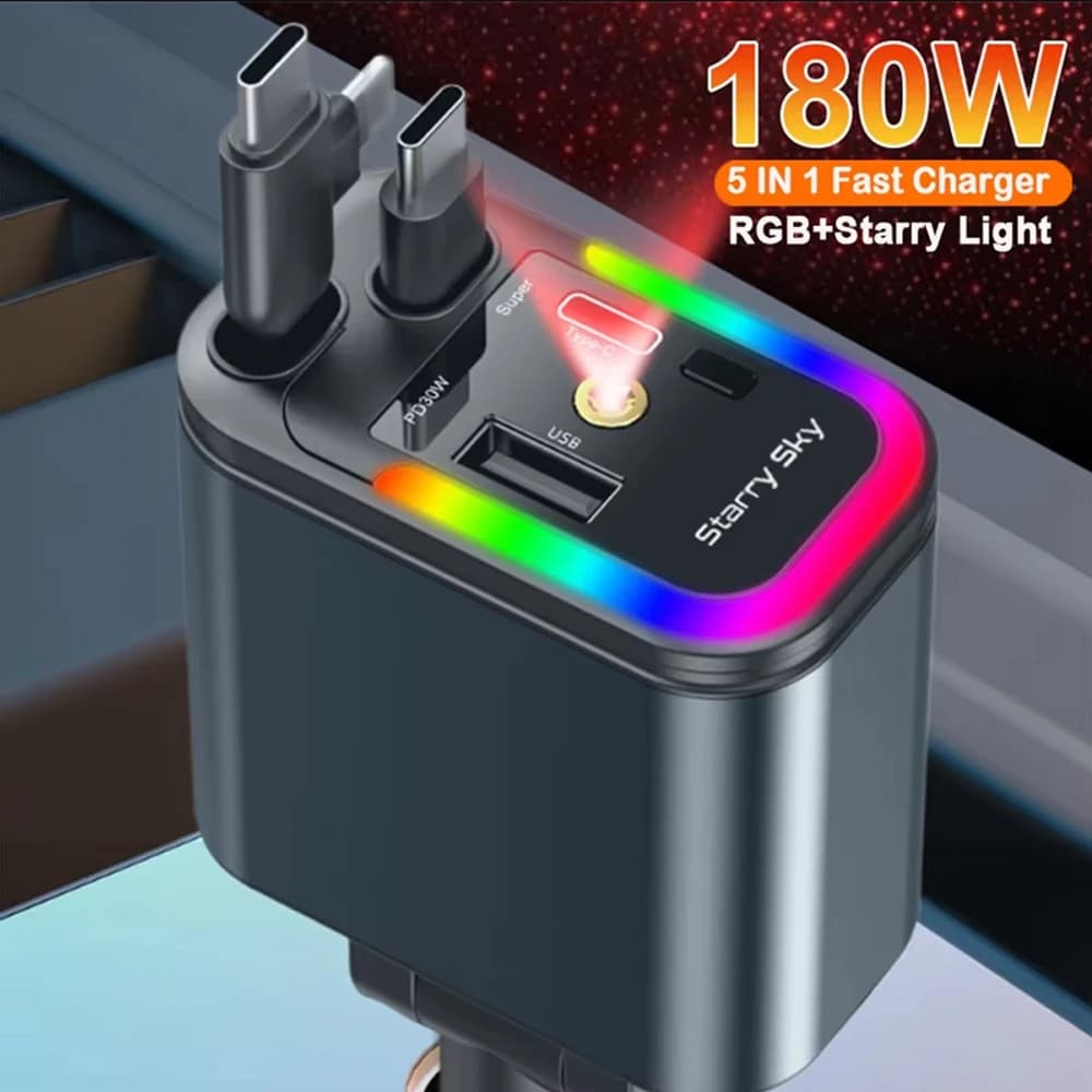Retractable car telephone charger 180W 5 in 1 RGB starry sky light for phone PD/QC3.0/SCP/VOOC/FlashCharge/AFC/FlashCharge Protocols