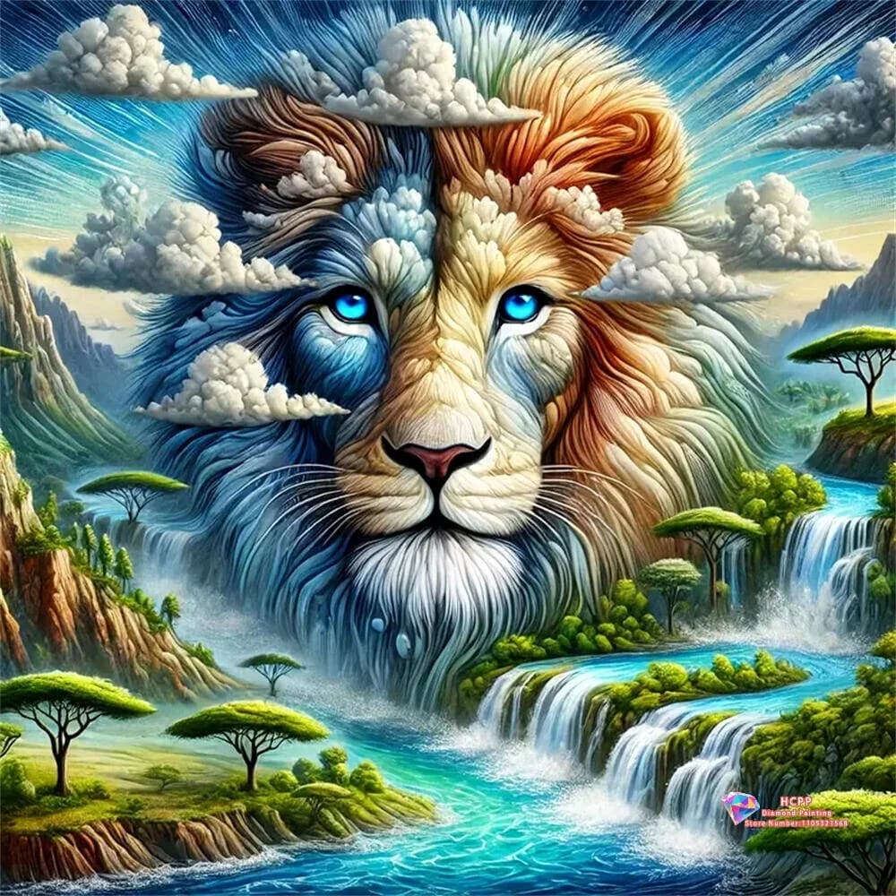 Set di Pittura Diamante 5D Fai-da-Te con Testa di Leone Fantastica e Paesaggio, Diamanti Quadrati e Rotondi, Regalo Artigianale