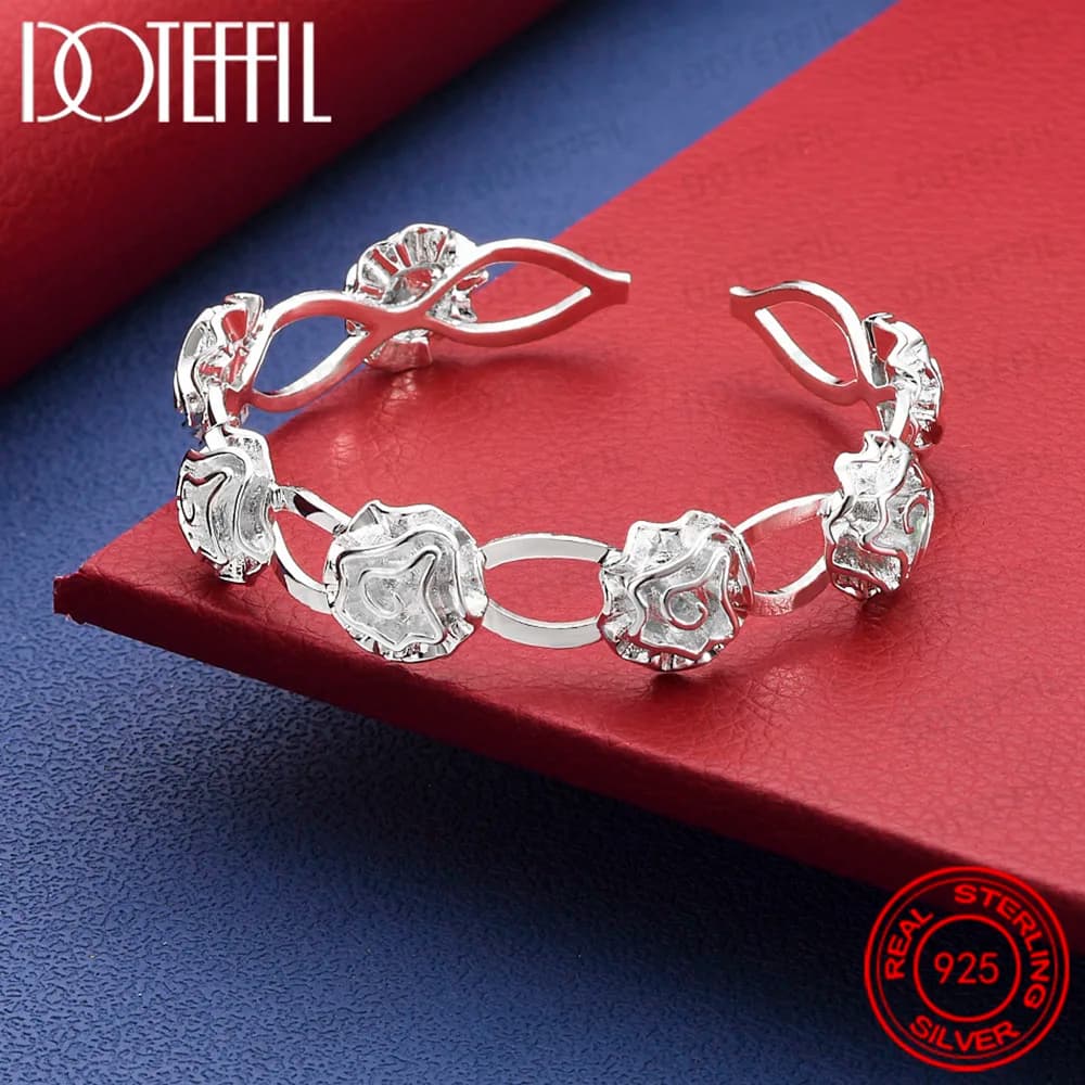 925 Sterling Silver Rose Flower Open Bangle - Glamour Jewelry for Women at Parties