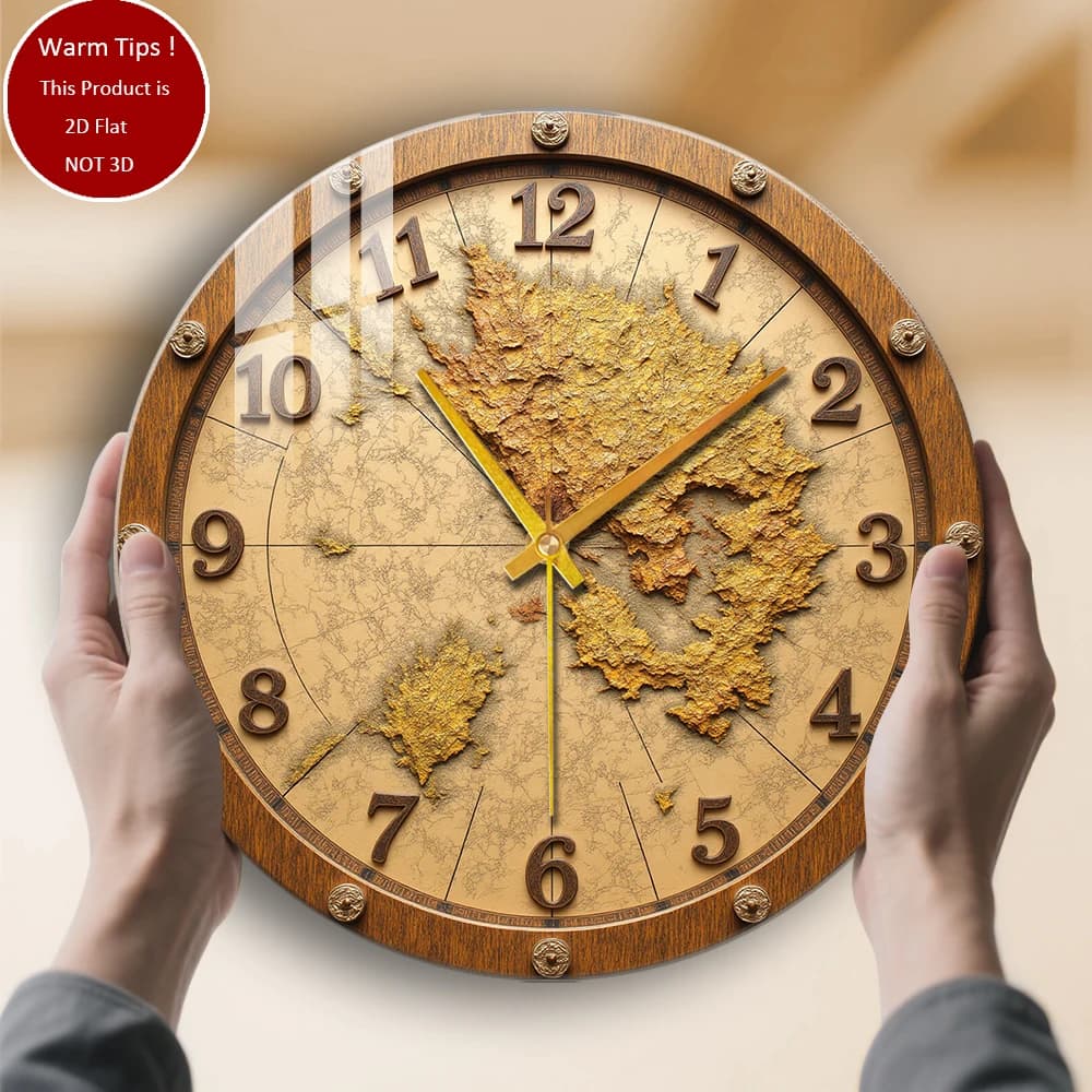 Tempered Glass Wall Clock with golden map pattern suitable for wall decorations or table displays everywhere