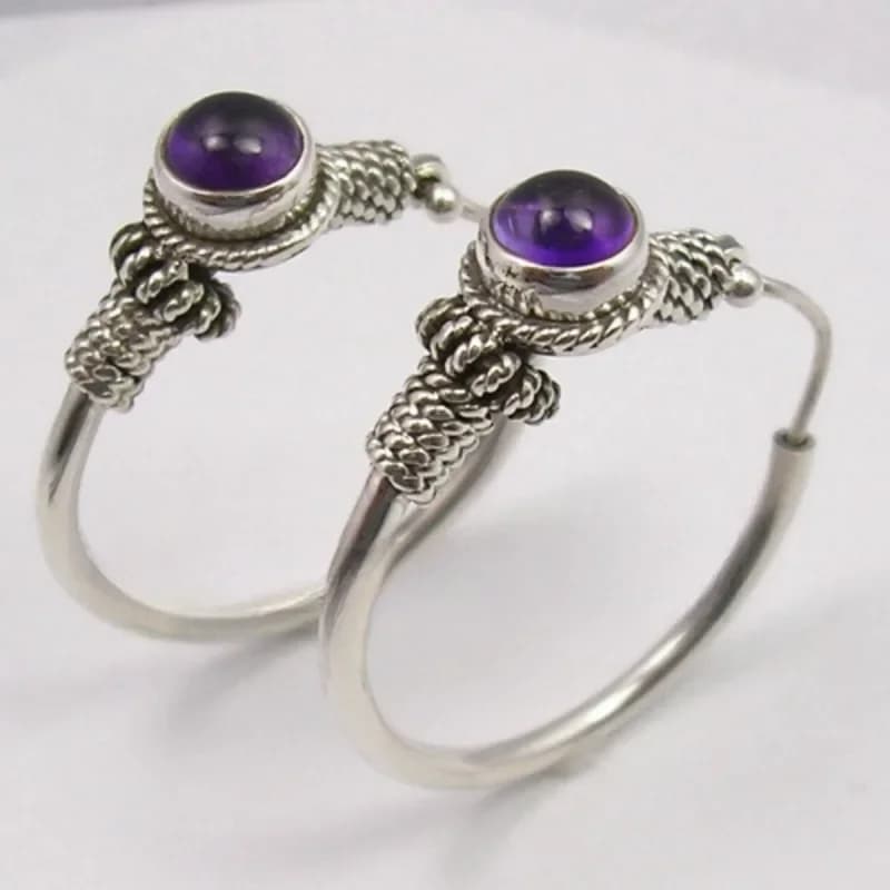 Ethnic Style Inlay Stone Hoop Earrings Vintage Carved Pattern Earrings For Women Banquet Party Jewelry Accessories