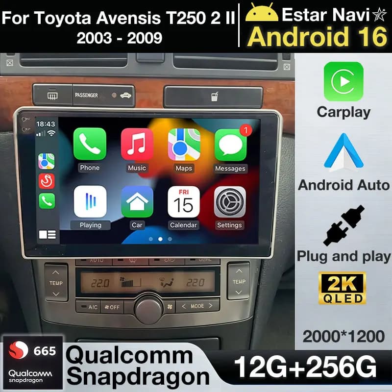 Autoradio Android 16 Wireless Carplay per Toyota Avensis T250 2 II 2003-2009 con 4G LTE, Telecamera 360, GPS, Stereo, WIFI, Lettore Video e Bluetooth