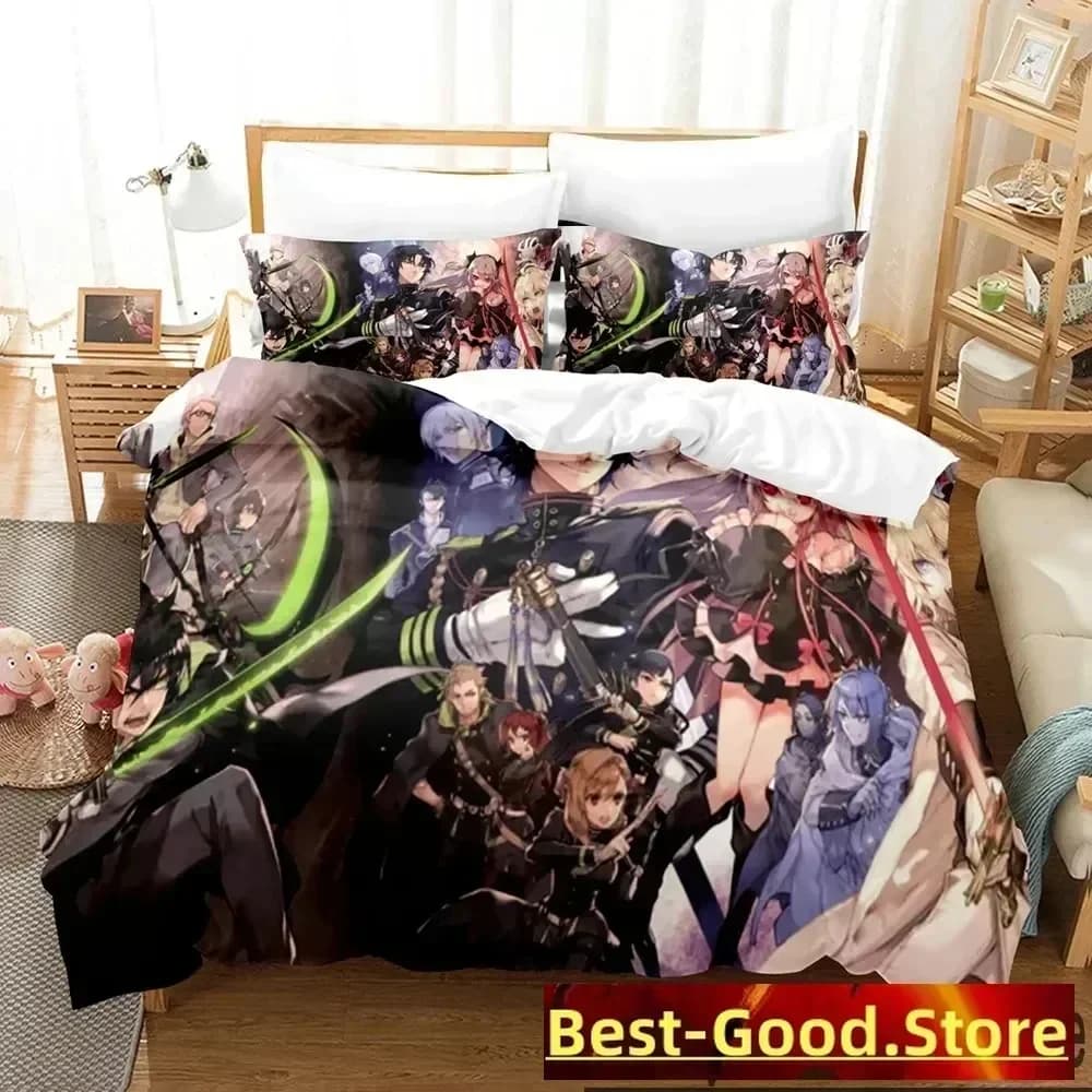 Set di Biancheria da Letto Stampata in 3D con Motivo Anime Seraph of the End, Copripiumino, Lenzuolo e Federe, Disponibile in Misure Full, Queen e King