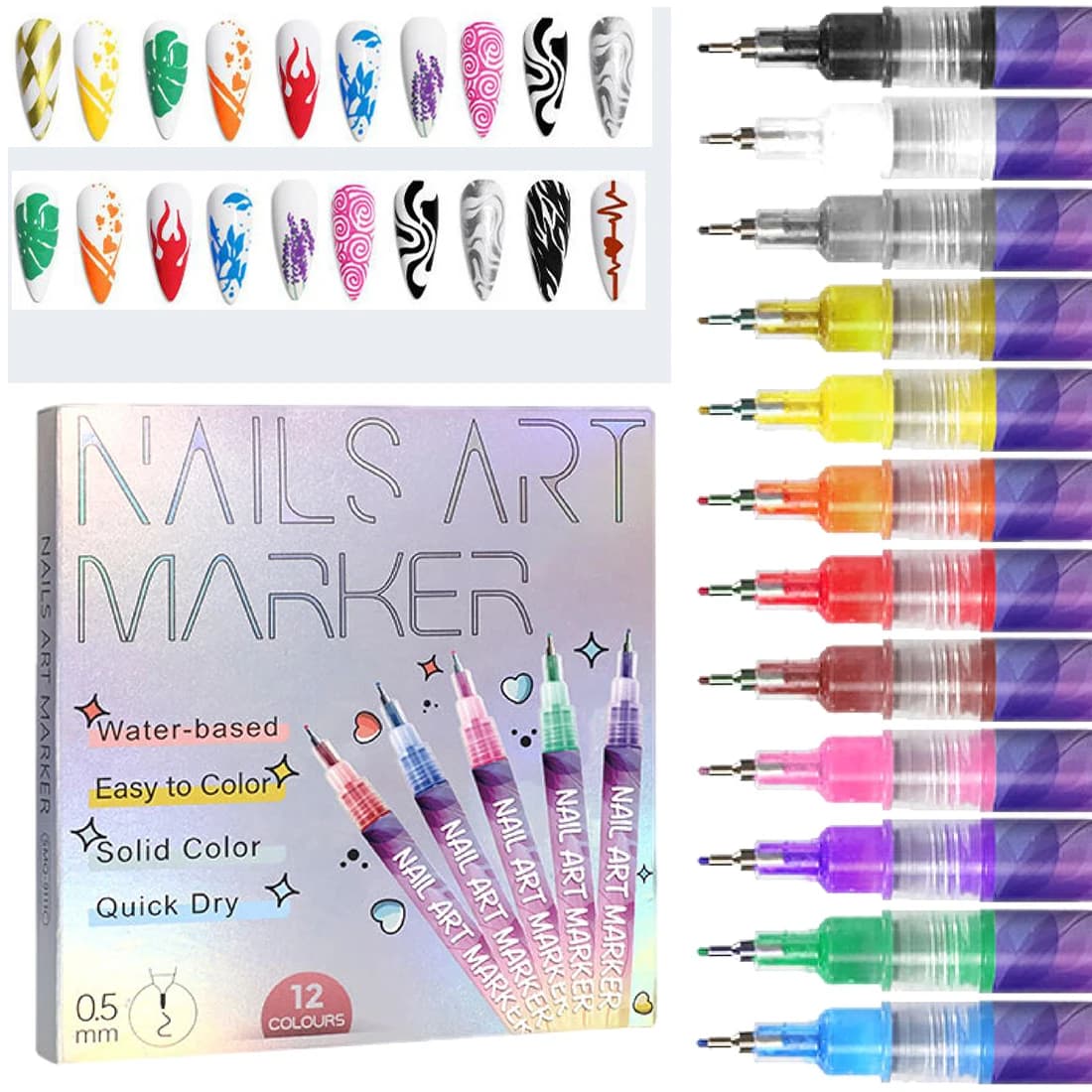 12 colori Penne per nail art Set Penna per smalto 3D Graffiti Penna per punteggiare Penne per vernice acrilica Penna per disegno Pittura per unghie
