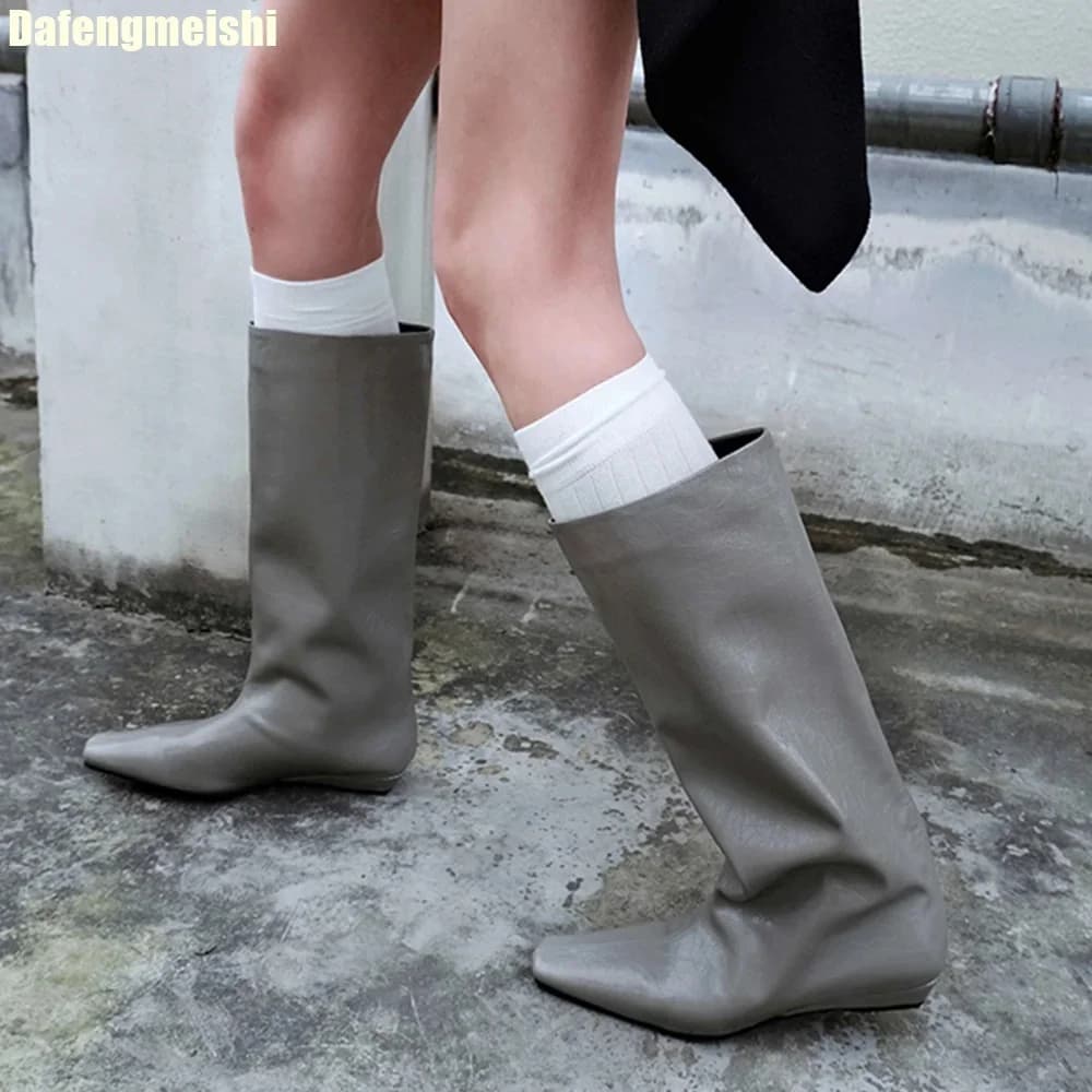 Cowhide Autumn Winter New Boots Korean Style Simple Square Toe Boots Pull-On Low Heel Knight Boots Women Sleeve Mid-Tube Boots
