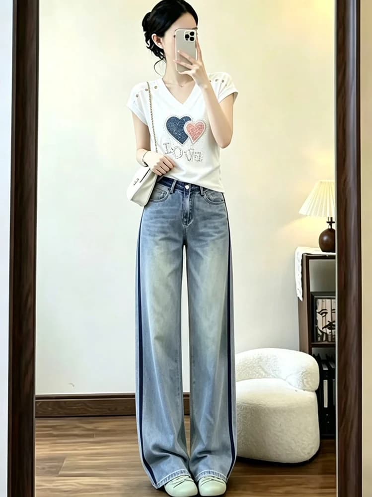 Summer Fashion Women's Short Sleeve Heart Design Top And Slimming Jeans Two-Piece Set Casual Style round Neck T-Shirt