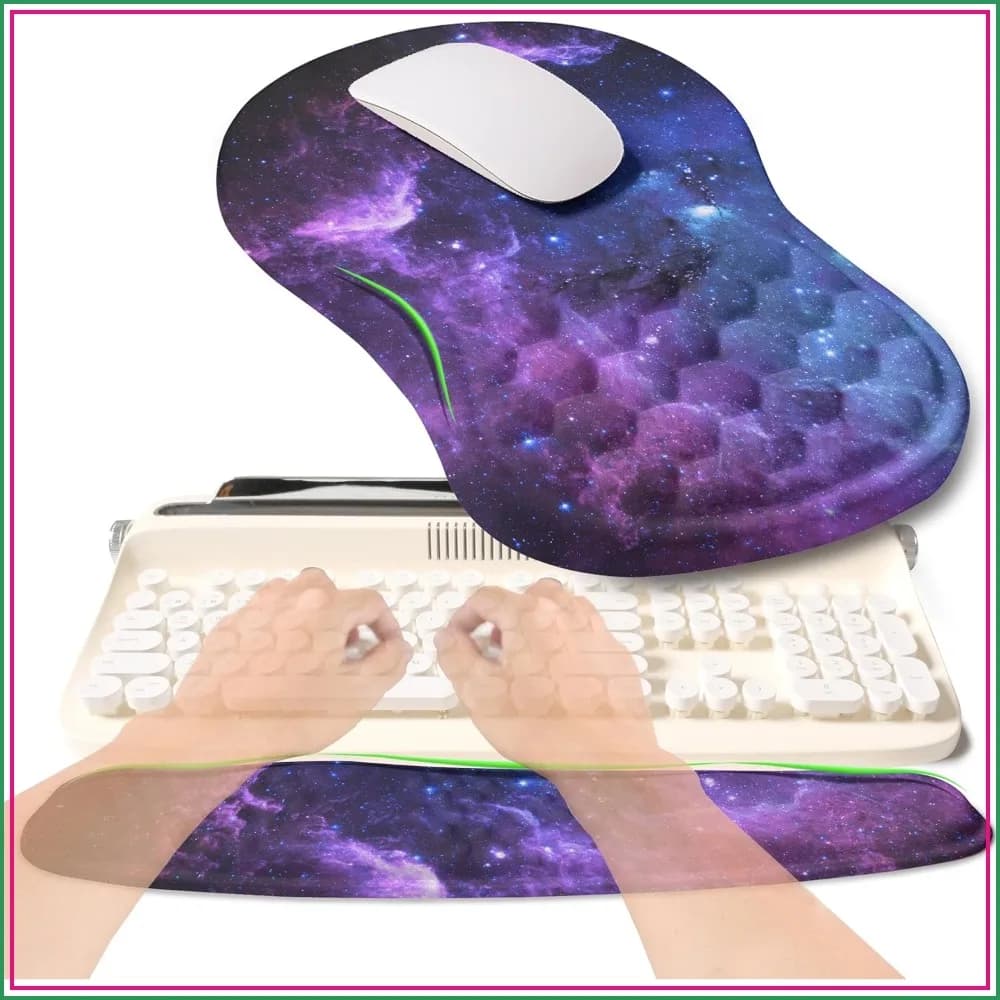 2-in-1 Ergonomic Wrist Rest Set, Wave Rise Keyboard Pad and Massage Slope Mouse Pad, Memory Foam Cushion for Pain Relief, Galaxy