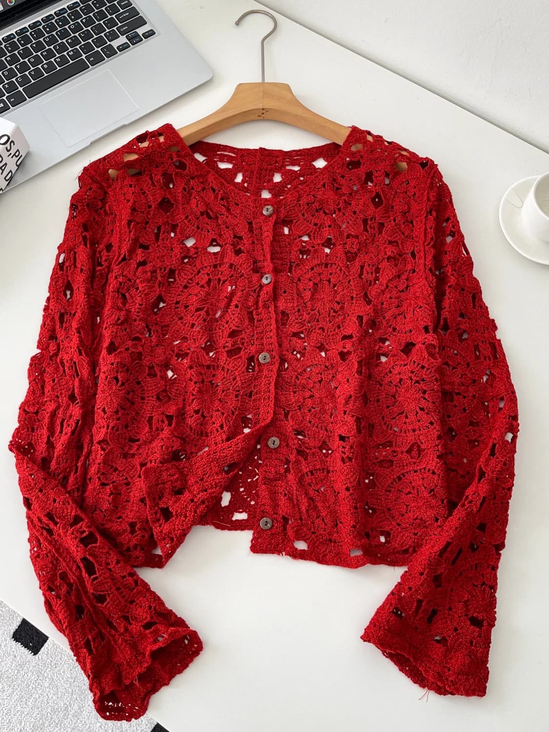 Korean Style Women's Knitted Open Cardigan Hollow out Hook Flower Design Casual Loose Fit Long Sleeve V-Neck Sweater Jacket
