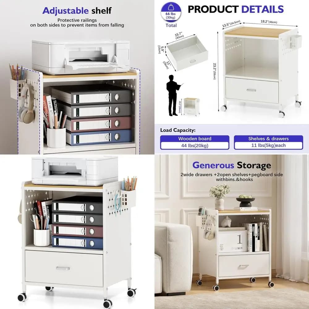 Classifier with Wheels 1 Drawer, Adjustable shelves, 2 Containers and 4 Hooks, MDF panel, Home Office Organizer