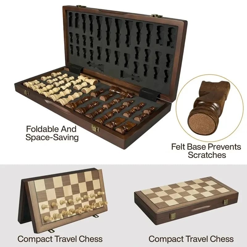 Chess set 39.3cm/15.47inch wooden with 2 additional queens folding portable travel board suitable for tournament Entertainment