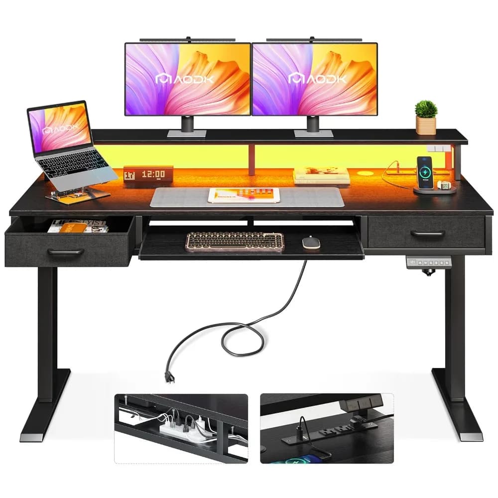55 Inch Electric Standing Desk with Drawers & Keyboard Tray, Black | Power Outlet, LED Lights, Monitor Stand, Cable