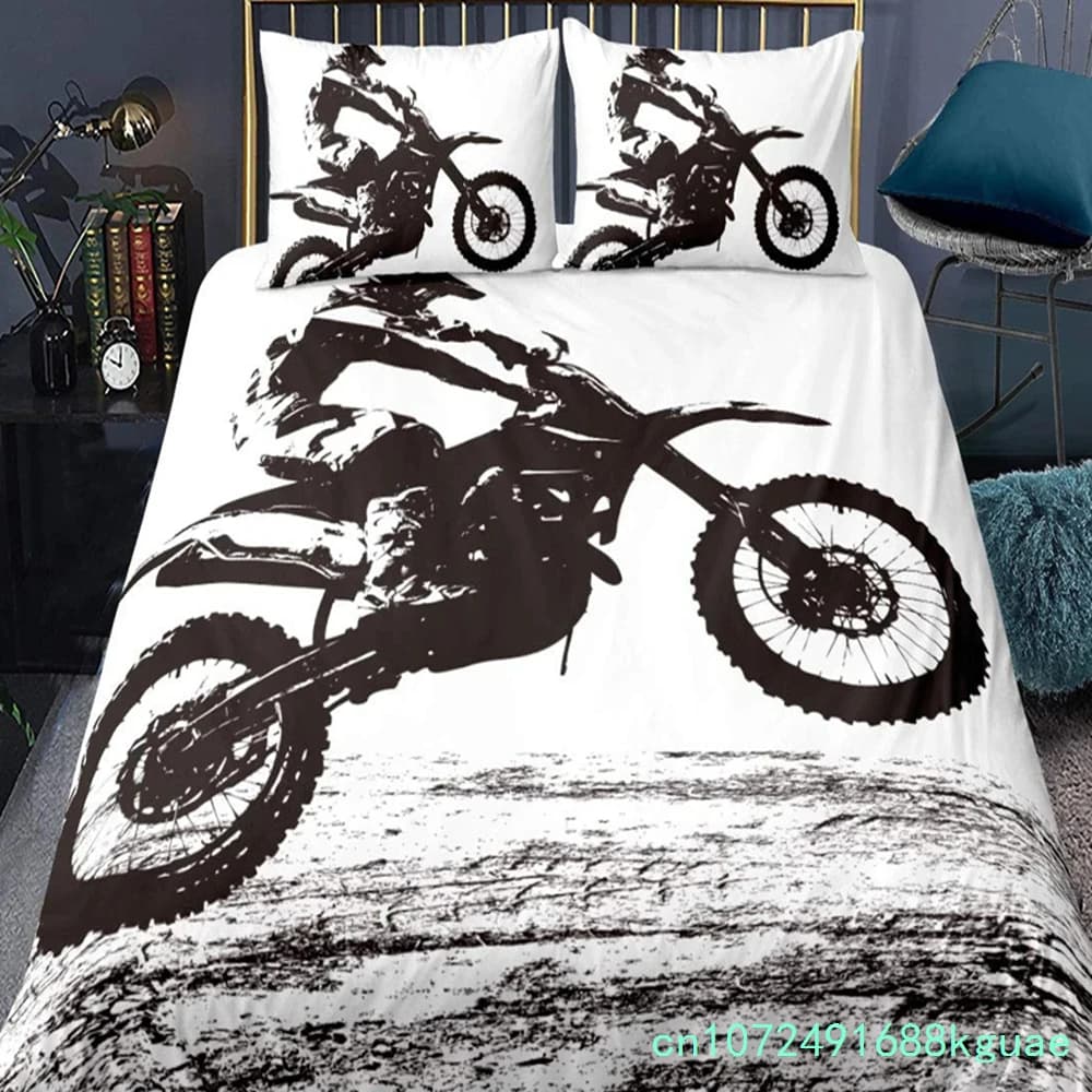 Dirt Bike King Queen Duvet Cover Motocross Sports Bedding Set Motorcycle Quilt Cover Youth Cool Black White Soft Comforter Cover