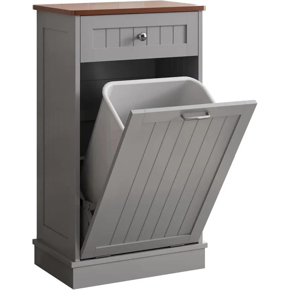 Porta Pattumiera da Cucina in Legno con Piano d'Appoggio e Mobiletto Nascosto per il Riciclo (Grigio)