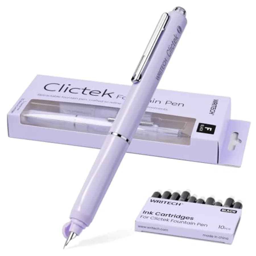Clictek Fountain Pen Set: Retractable Fine Nib Black Ink with 10 Ink Cartridges Smooth Writing No Leaking for Calligraphy Journ