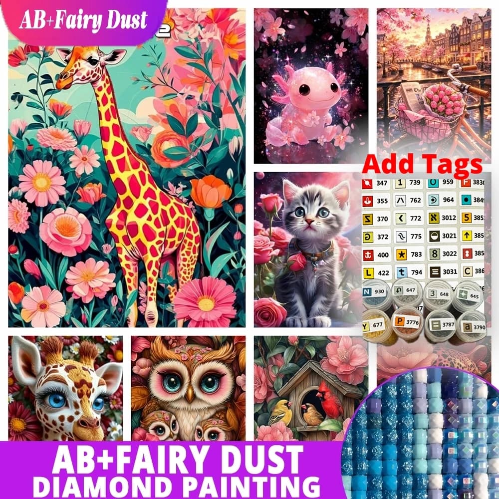 AB Fairy Dust DIY Diamond Mosaic Cute Animal Collage Full Square Round Painting Diamond Art Cross Stitch Embroidery Wall Decor G