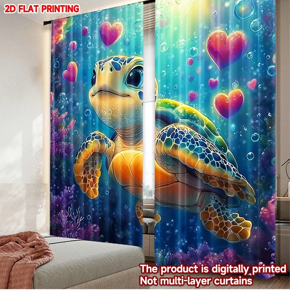 Tende con stampa 2D, 2 pezzi, con motivo Tartaruga Marina di San Valentino, in poliestere stampato digitalmente, per decorazioni per feste in famiglia
