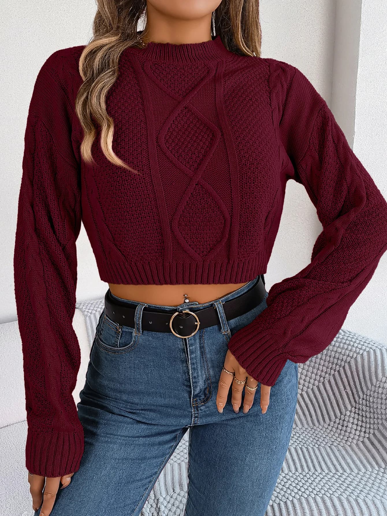Maglioni da Donna Autunno Inverno 2026, Collo Tondo, Tinta Unita, Casual, Lavorazione a Trecce, Maniche Lunghe, Pullover Grigio, Verde Militare, Rosso, Crop Top