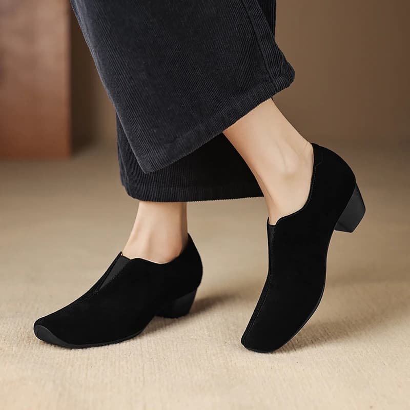 2027 New Spring/Autumn Kid Suede Women Shoes Fashion Square Toe Loafers Women Pumps Mid Heels Ladies Shoes Handmade