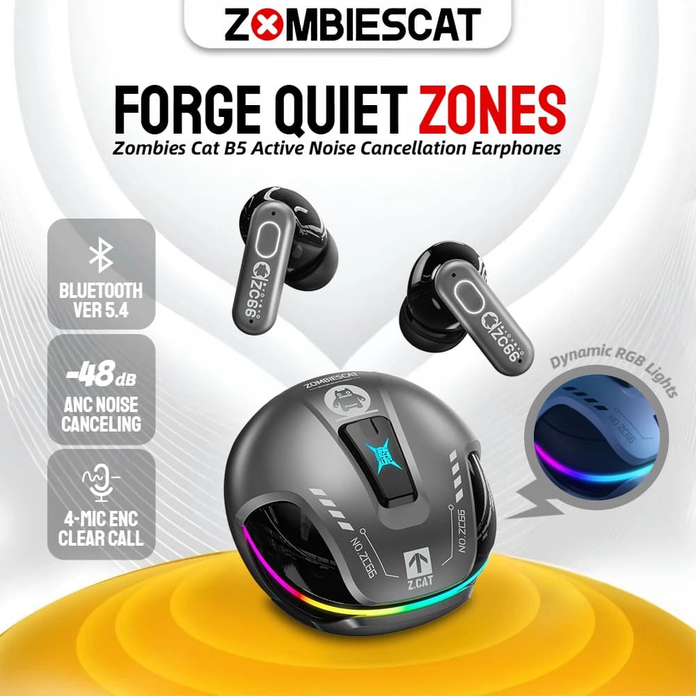 Cuffie con Cancellazione Attiva del Rumore Zombies Cat B5, Auricolari Bluetooth 5.4 ANC, Connessione Duale TWS, Cuffie Wireless con 4 Microfoni