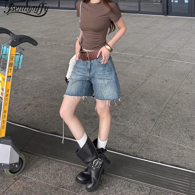 Benuynffy American Retro Low Life Do Old Denim Shorts Woman Summer 2025 New Fashion Street Style Casual Raw Hem Jean Shorts