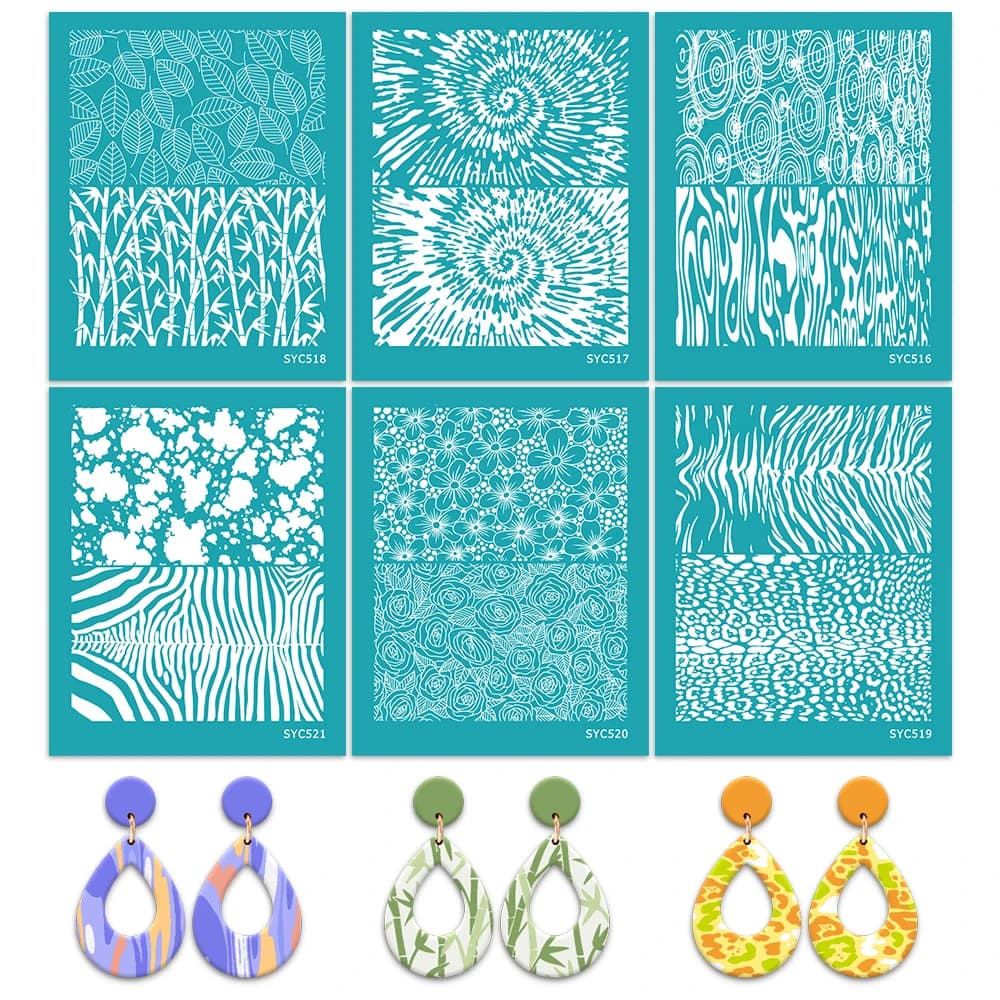 Leaf/Bamboo/Flower Pattern Silk Screen Stencil for Polymer Clay Reusable Silkscreen Mesh Transfer Paper DIY Jewelry Earrings