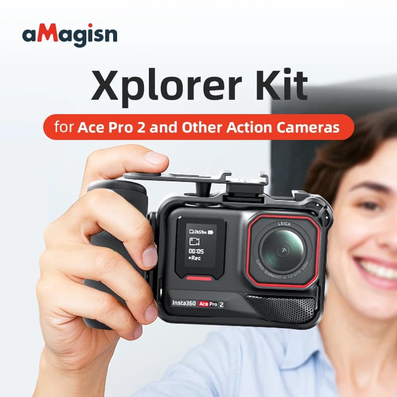 Handle aMagisn Xplorer Street photography kit, compatible with Insta360 X4/X5/Ace Pro 2, GoPro 13, DJI Action 6 5 Pro, anti-vibration and safe.