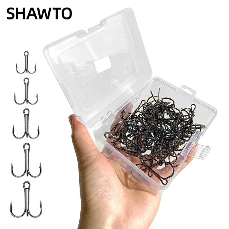 Shawto 50pcs/Box High Carbon Steel Treble Fishing Hooks Kit for Catfish Lures Baits Bass Size #2 #4 #6 #8 #10 #12 #14 #16 Tackle