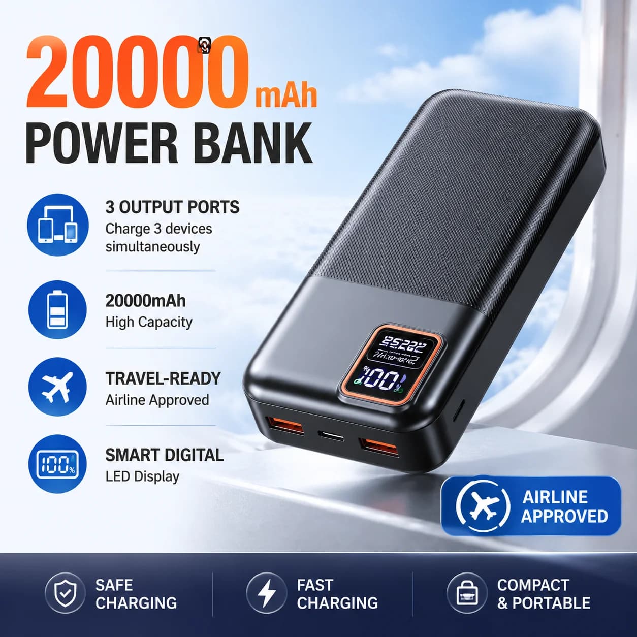 20000mAh 22.5W Fast Charge Portable Power Supply With LED Digital Screen Large Capacity External Power Bank For iPhone Android