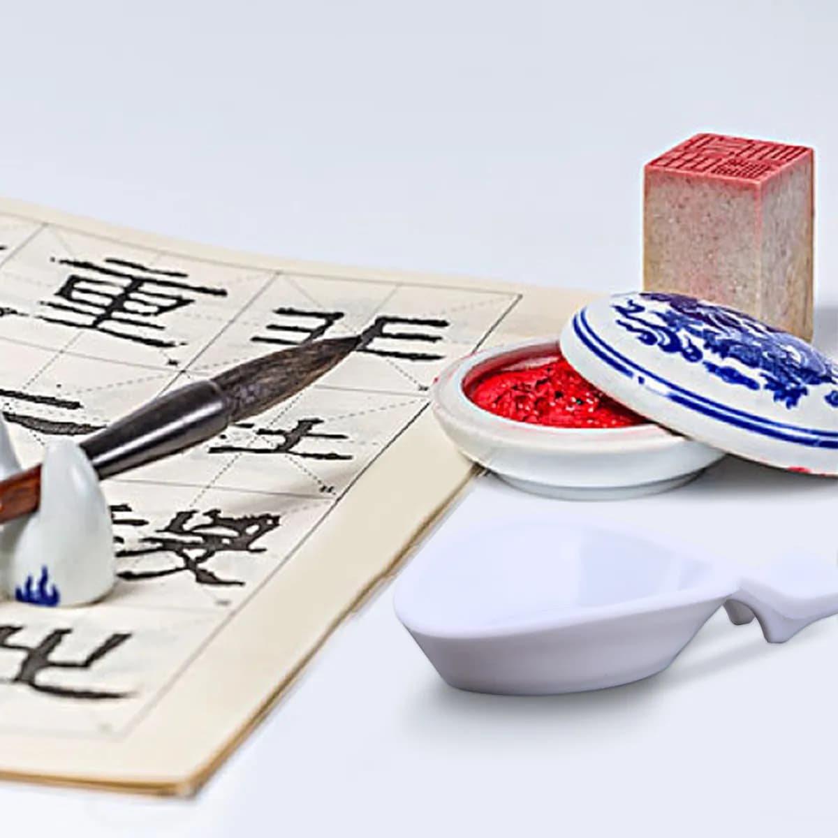 10Pcs Chinese Calligraphy Ink Dish Set Palette Paint Tray Color Mixing Plate Writing Brush Pen Holder Archival Style Art Supply