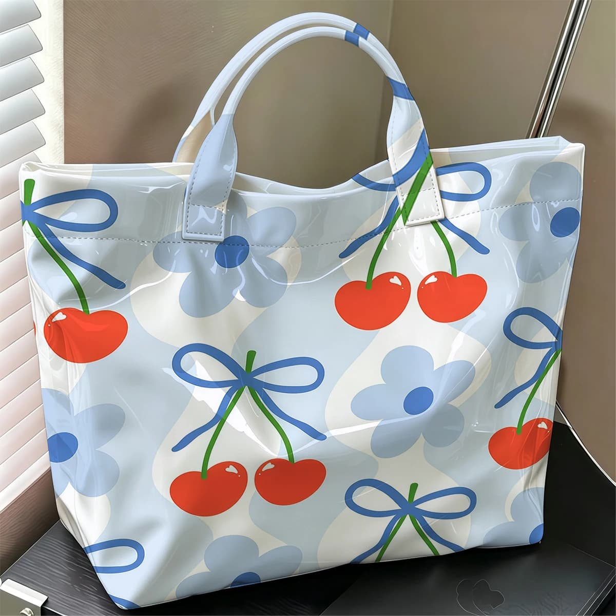 Cherry Floral Hot Sale Large Glossy PVC Tote Bag Hand Washable Waterproof Great for Travel Commute Makeup Storage Handbags