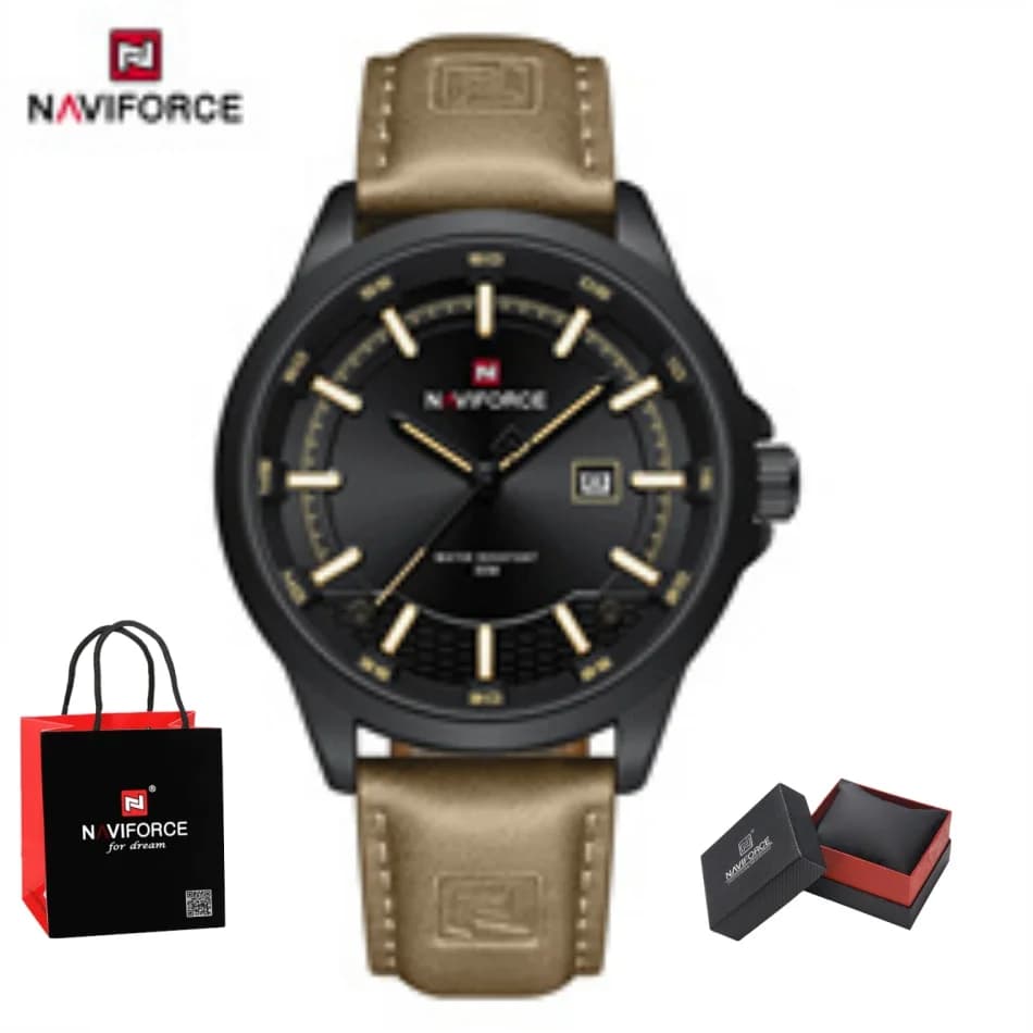 Orologio da Uomo NAVIFORCE al Quarzo con Calendario, Impermeabile 3ATM, Luminoso, Semplice, in Pelle, Comodo, da Polso, per Affari, con Confezione Regalo