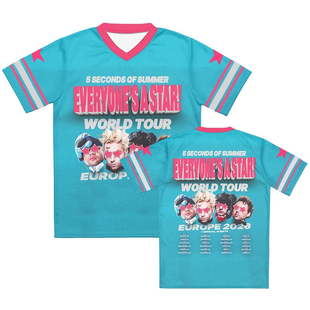 Maglietta 5 SECONDS OF SUMMER Tour Europa 2026, Manica Corta, Scollo a V, Stampa 3D Estiva, T-shirt Unisex Casual