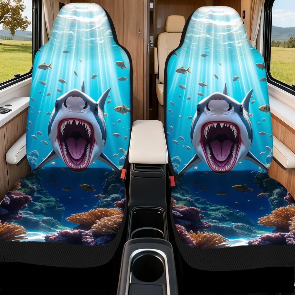 2pcs, Underwater Shark Pattern Car Seat Covers, Comfortable And Easy To Install, Compatible With Sedan And SUV Front Seats, Perf