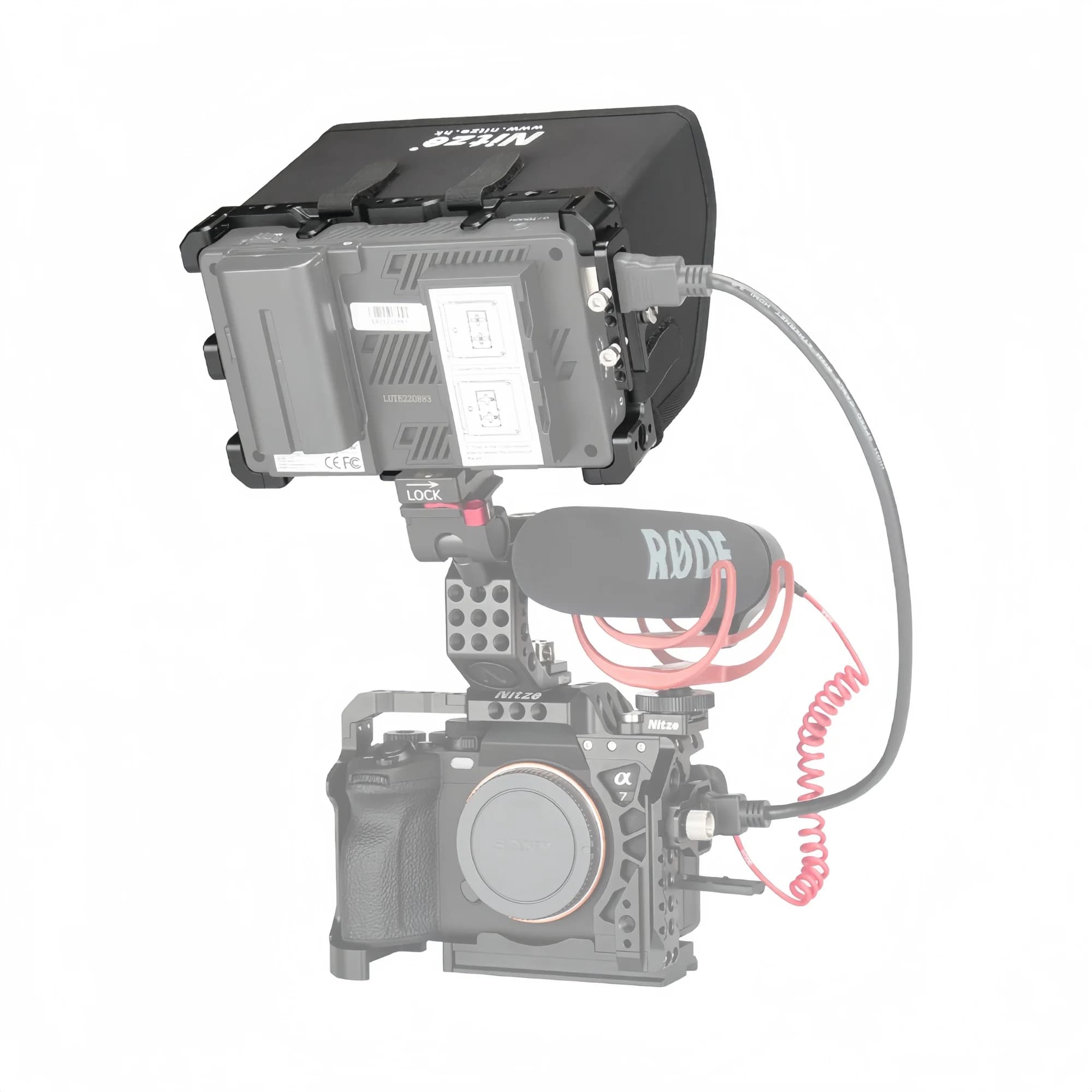 Gabbia per monitor Nitze con parasole, morsetto per cavo HDMI e rail NATO integrato per Feelworld LUT5